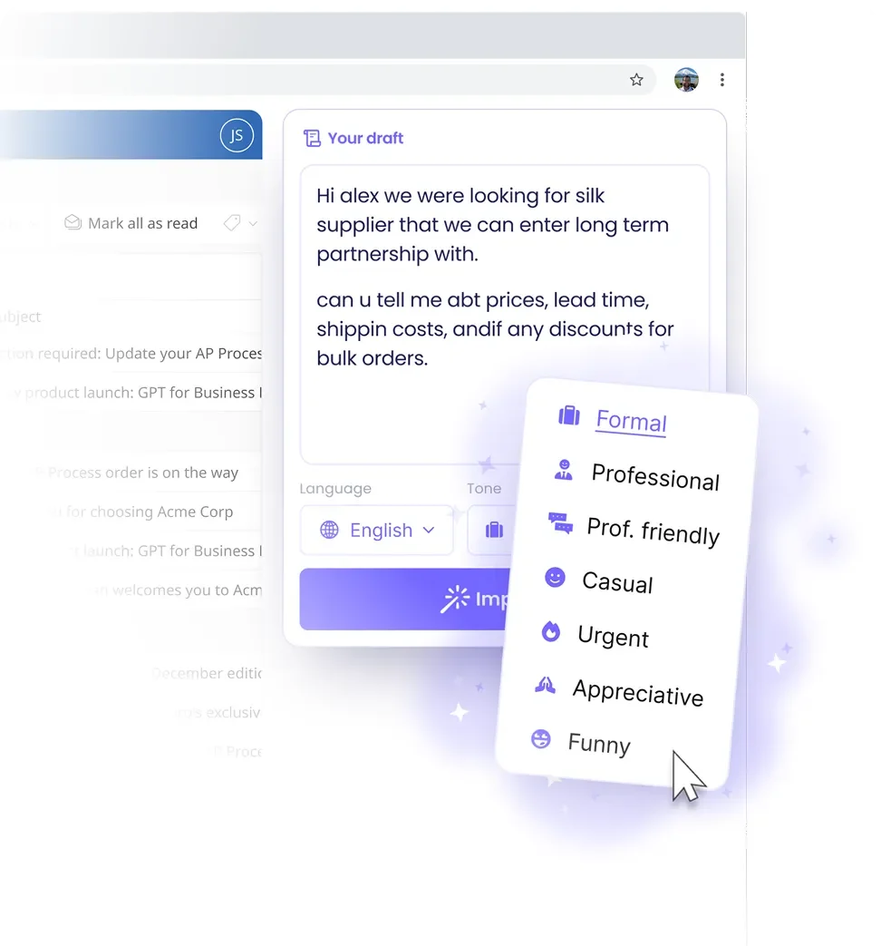 MailMaestro feature-deep-dive showing AI email tone adjustment for drafts with a clean, light interface.