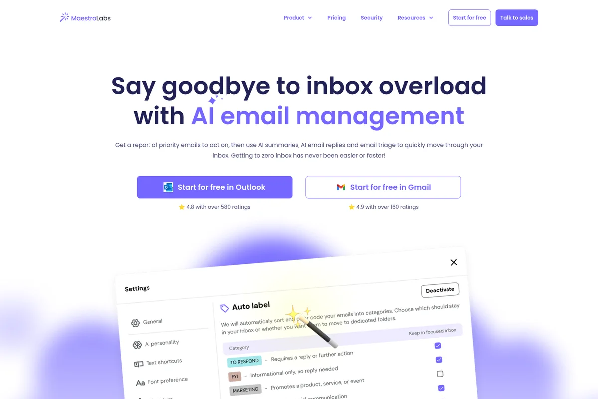 MaestroLabs AI email management UI demonstrating 'Auto label' settings with an interactive sparkle cursor for intelligent inbox organization.