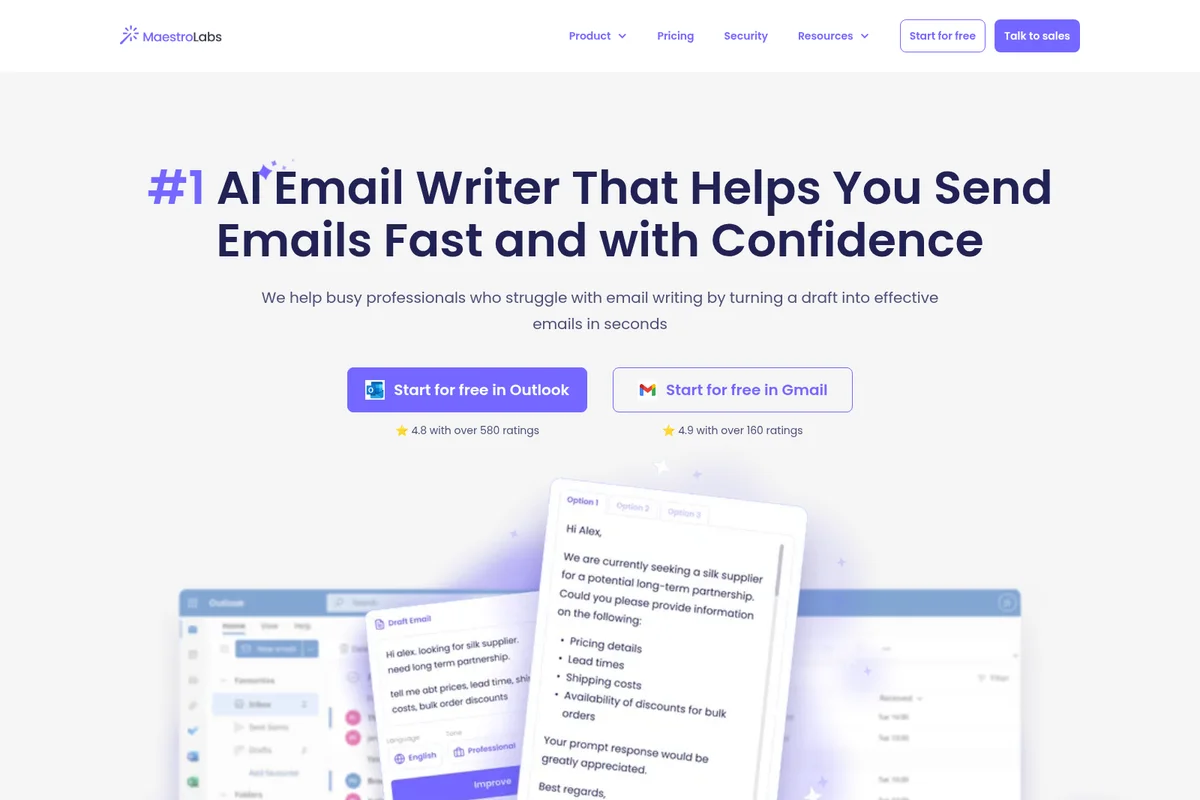 MaestroLabs AI Email Writer landing page showing fast email composition, Outlook/Gmail integrations, and AI writing UI.