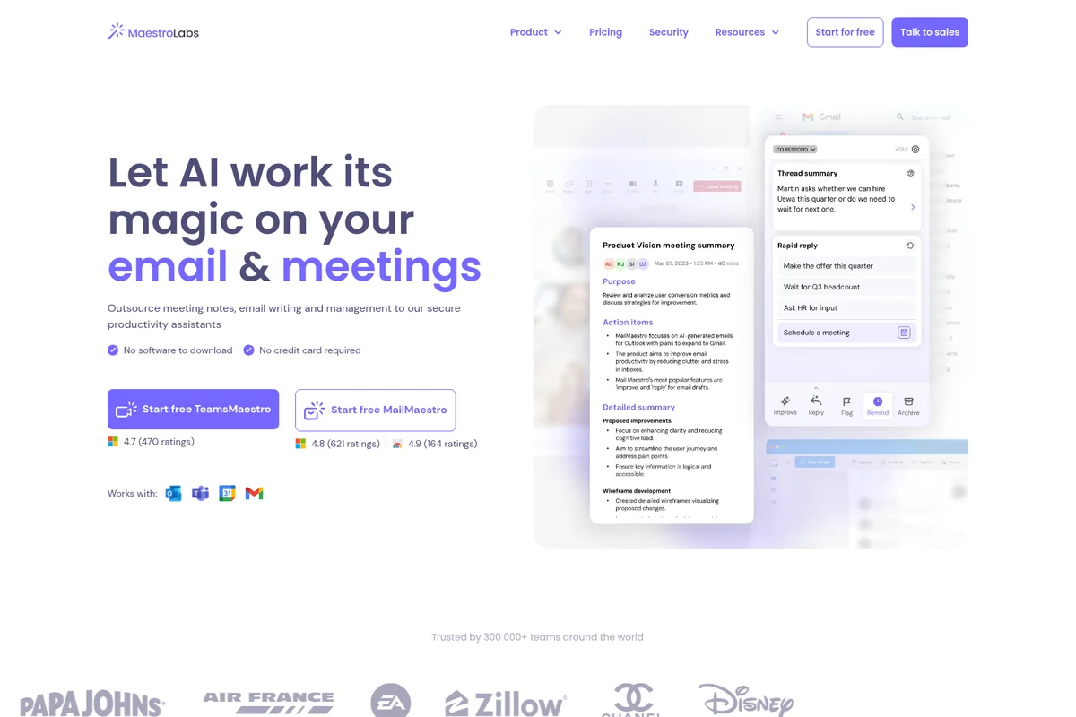 MaestroLabs landing page hero showcasing AI-powered email and meeting management with a clean, modern interface.