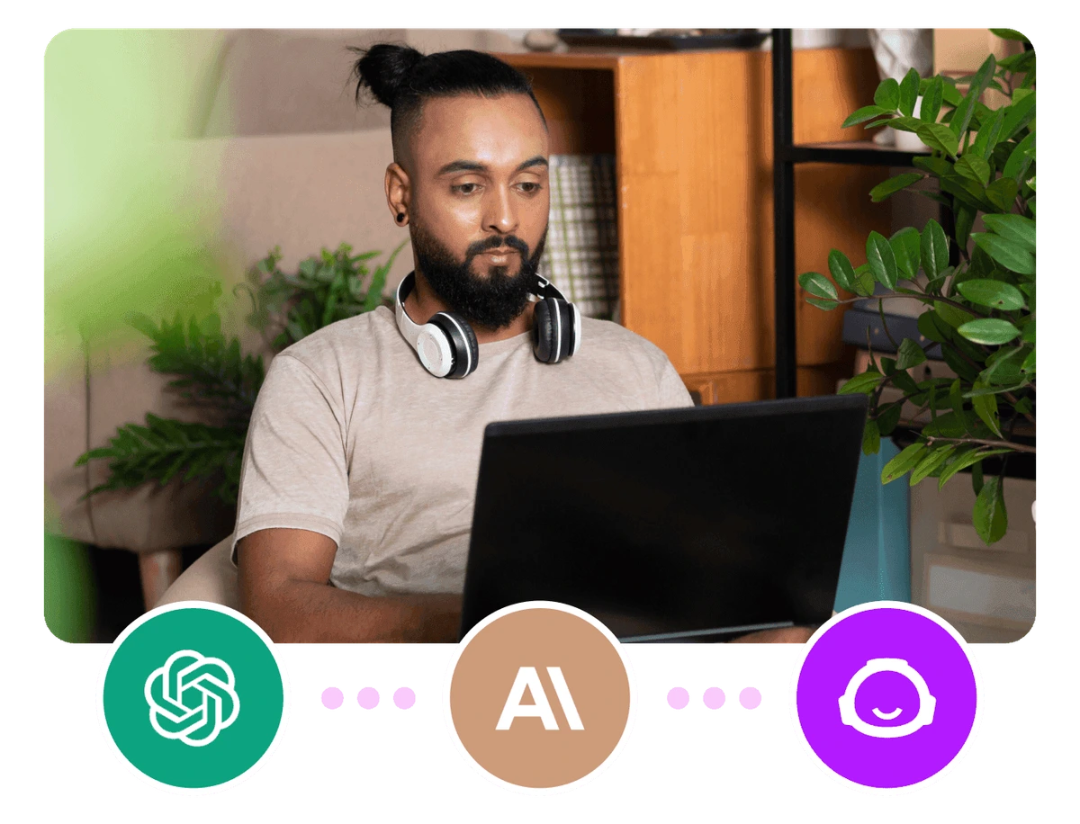 Make.com AI workflow integration showing a person using a laptop with a visual diagram of ChatGPT connecting to AI services for automation.