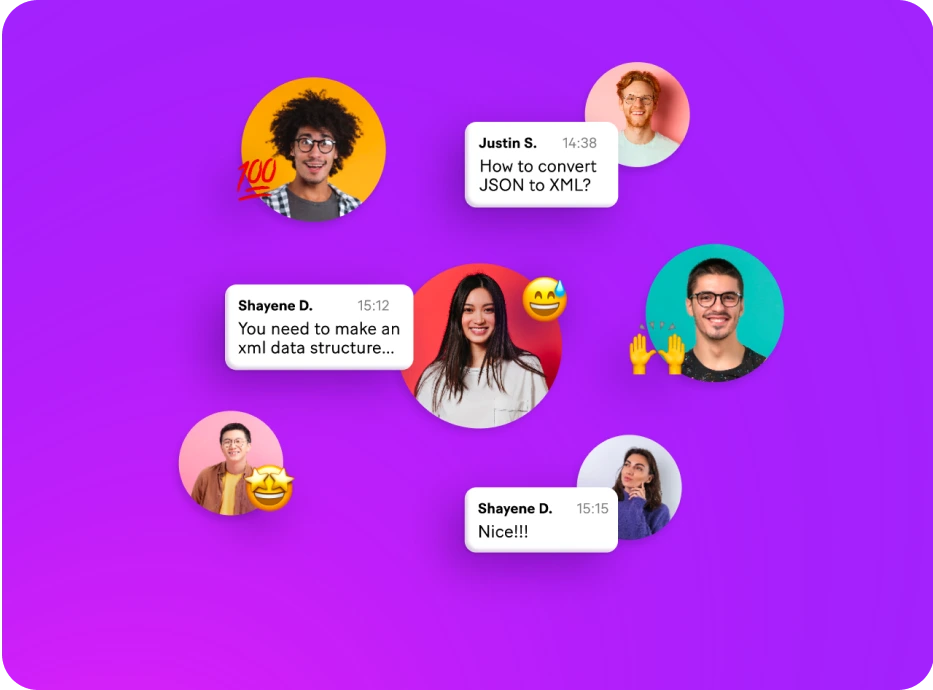 Make collaboration interface showing users exchanging messages about JSON and XML conversion with reactions on a vibrant purple background.