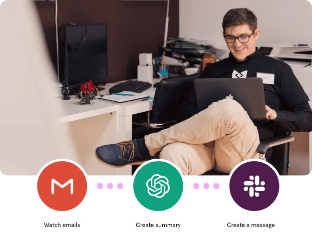 Make workflow demonstration showing email summarization with Gmail and ChatGPT, then creating a Slack message, featuring a clear, icon-driven interface.