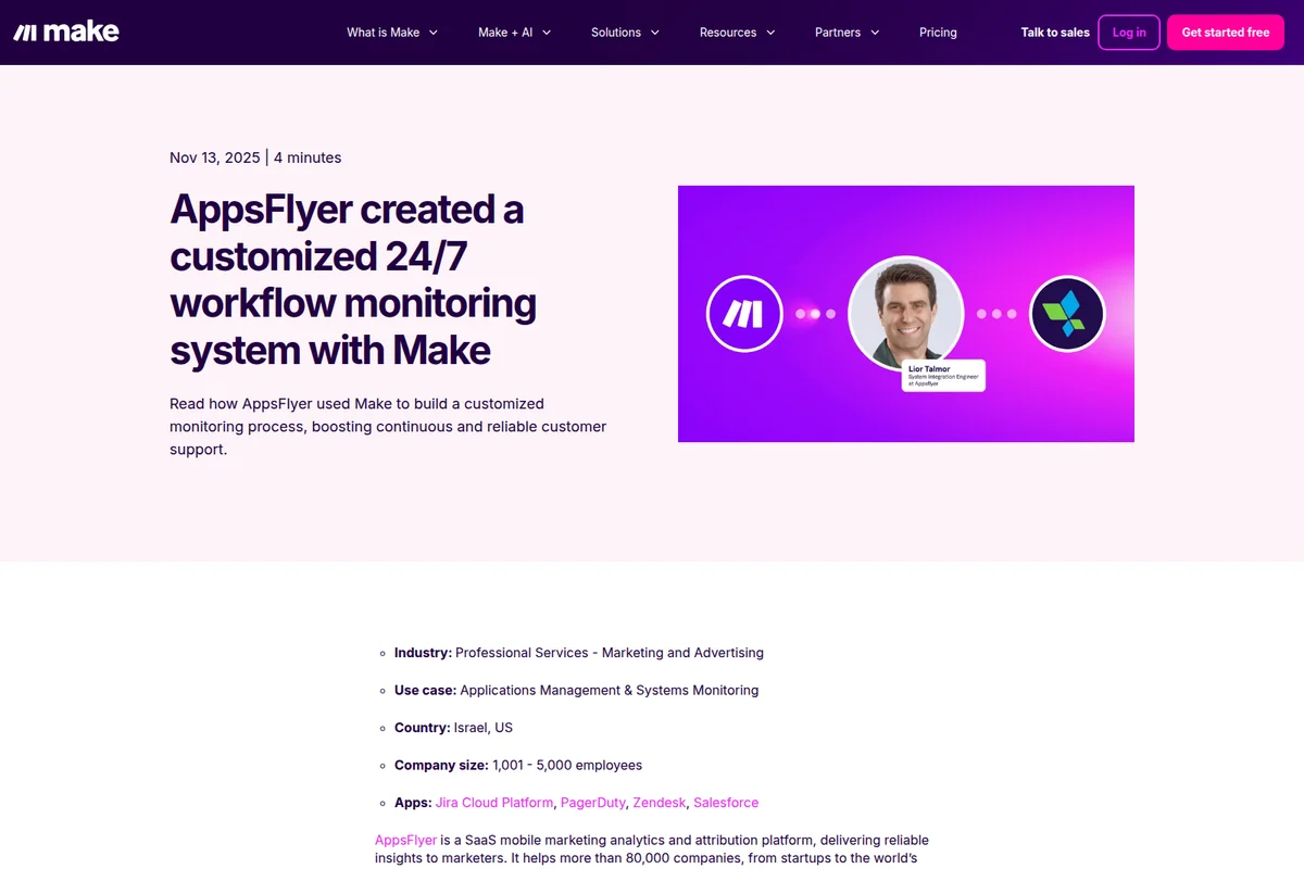 Make success story page detailing AppsFlyer's workflow monitoring system with a vibrant purple graphic featuring Make and AppsFlyer logos and Lior Talmor's photo.