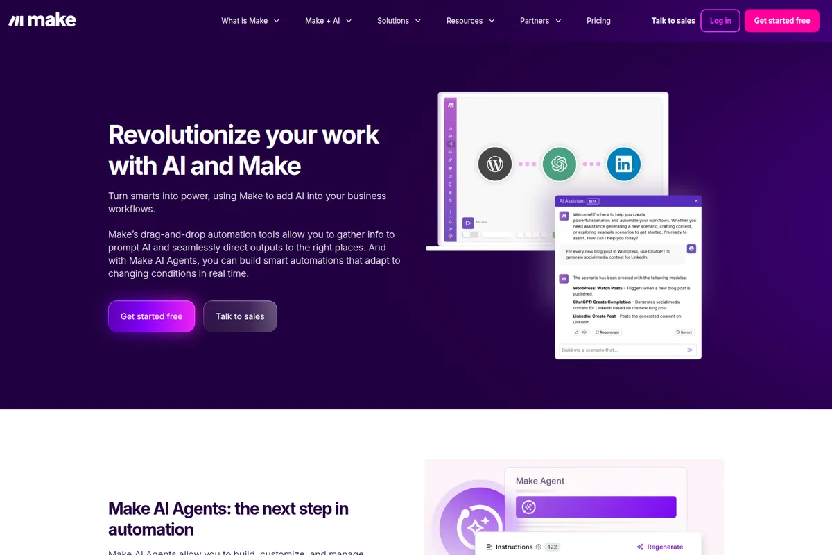 Make AI automation workspace showing a workflow with WordPress, ChatGPT, and LinkedIn connected, guided by an AI Assistant in a clean UI.