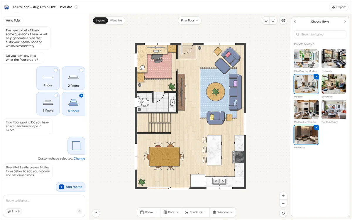 Maket workspace UI displaying a detailed floor plan design with AI-guided chat and interior style selection options.