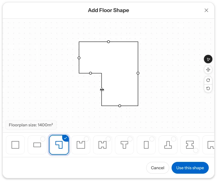 Maket workspace showing floorplan shape selection and editing on a grid canvas with a clean light interface.