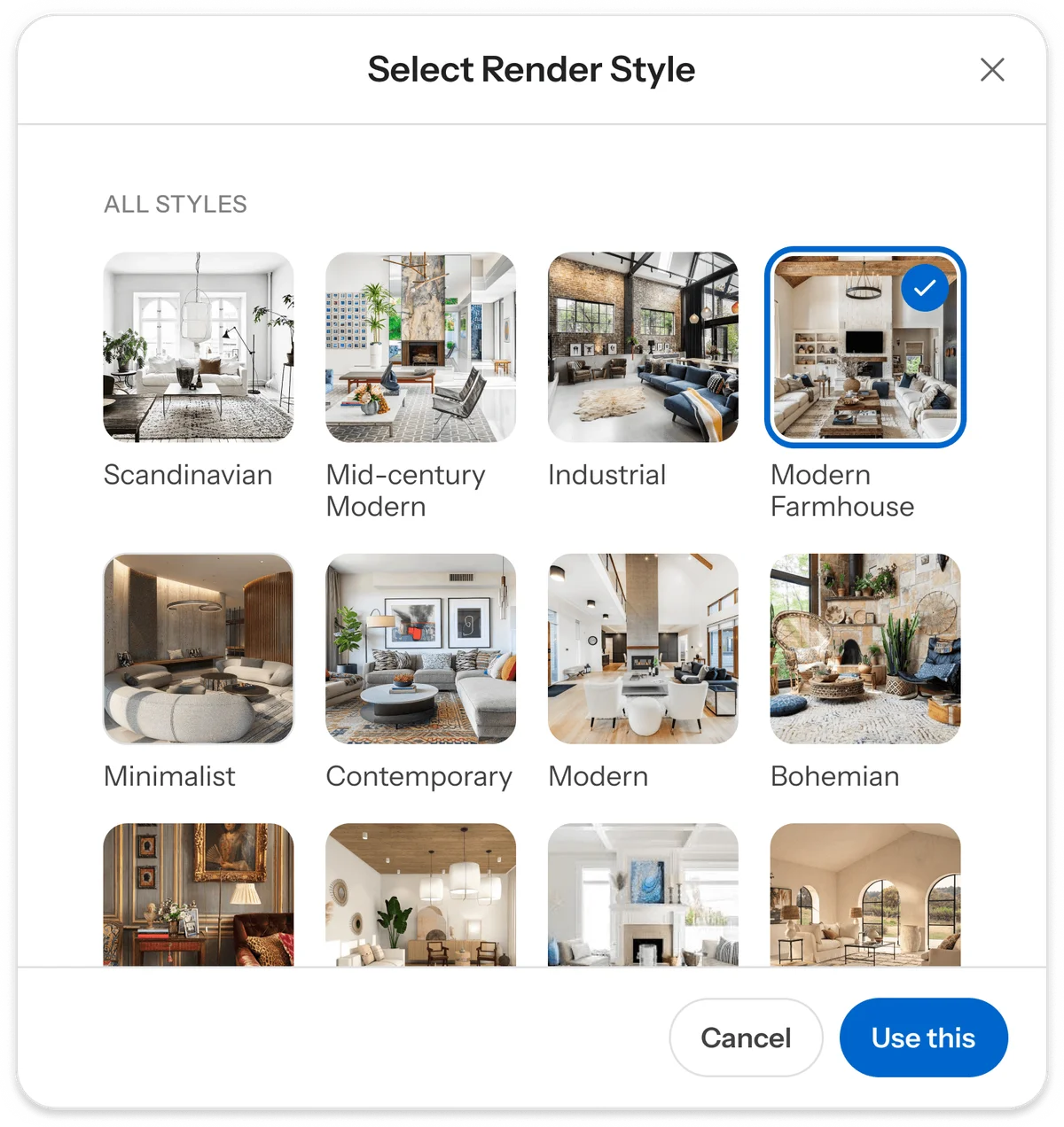 maket selection interface showing a grid of diverse interior design render styles including Scandinavian, Mid-century Modern, Industrial, and Modern Farmhouse options.