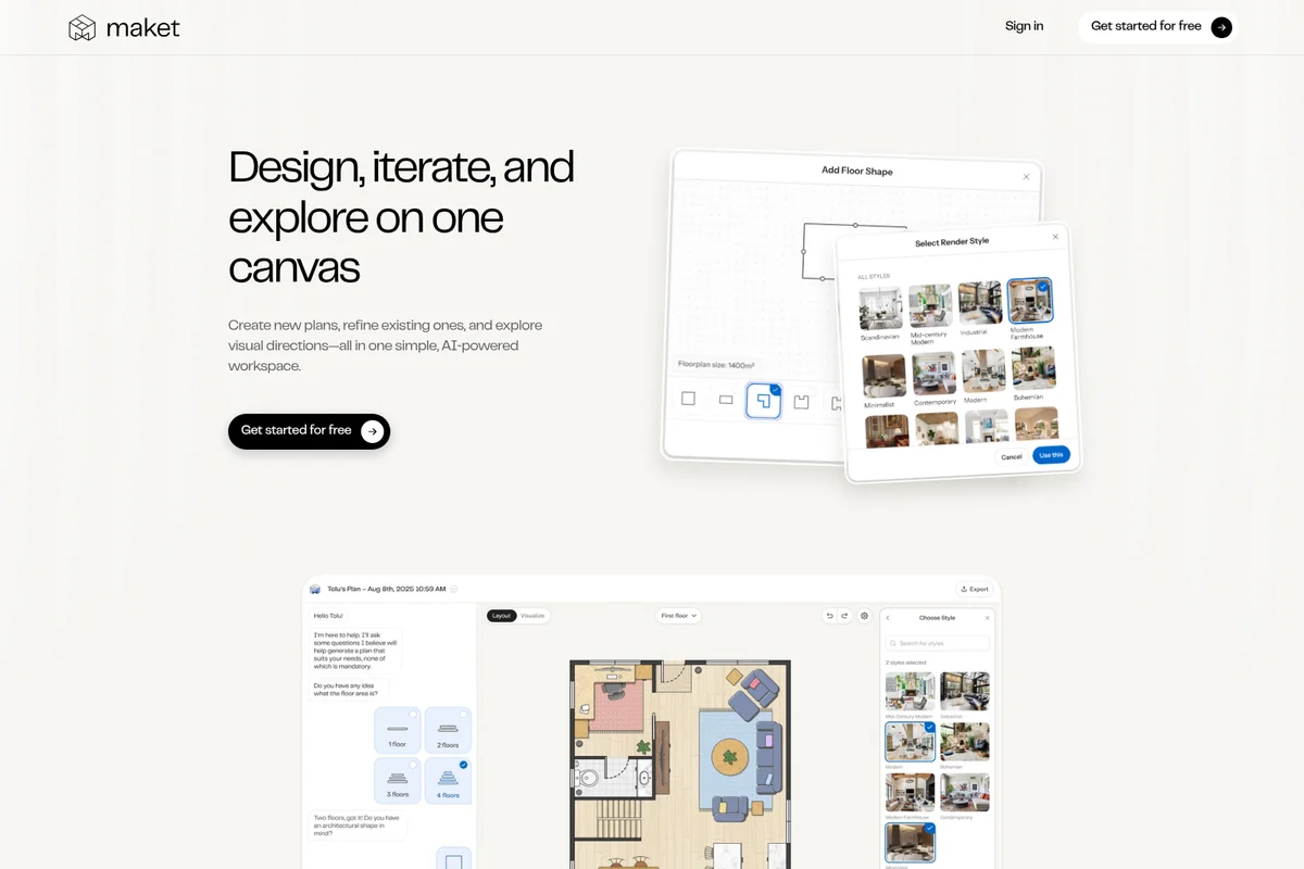 Maket AI-powered interior design workspace showing floor plan creation, rendering style selection, and an AI chat assistant with a clean, modern interface.