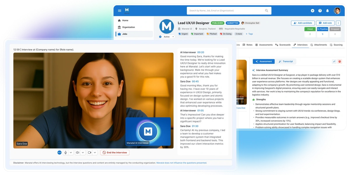 Manatal AI interviewing platform showing a candidate interview in progress with real-time transcript and AI assessment summary in a modern interface