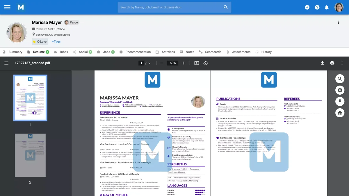 Manatal workspace showing Marissa Mayer's candidate profile with her resume in a PDF viewer.