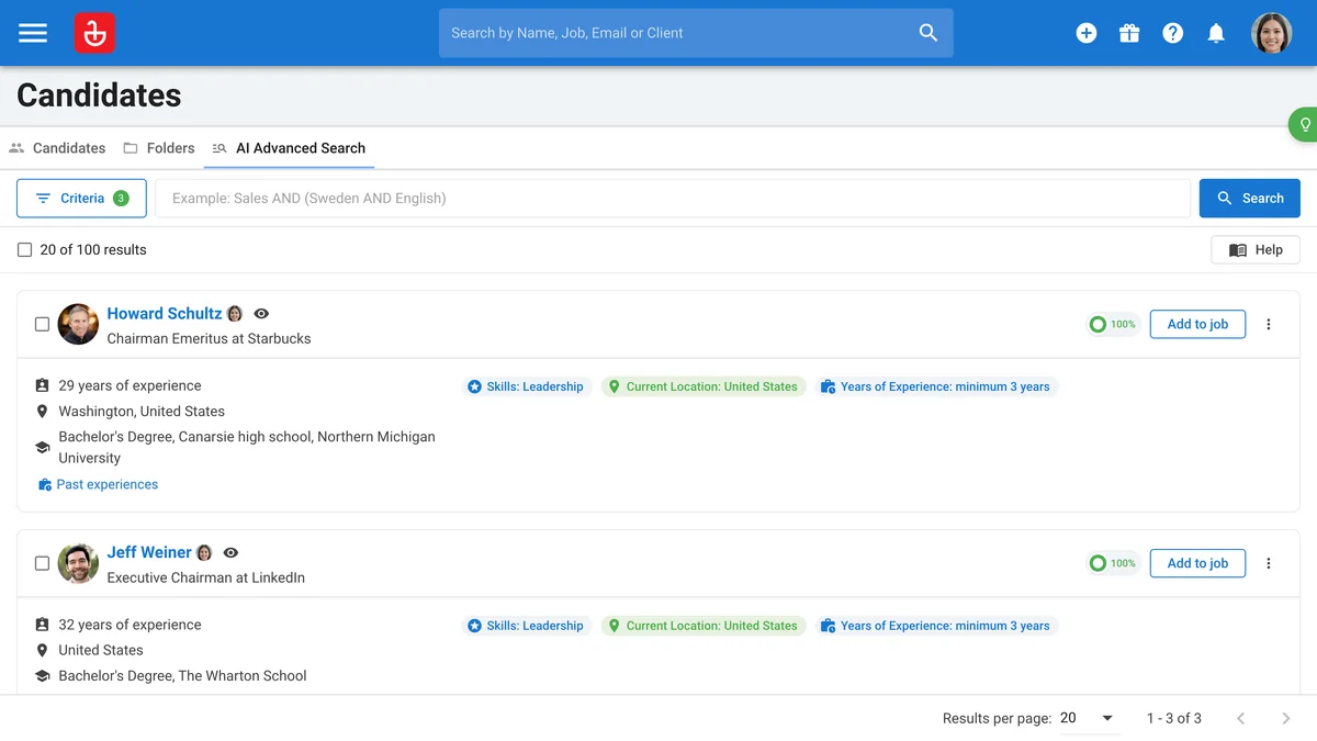 Manatal AI Advanced Search showing a list of candidate profiles with skills and experience in a modern blue and white interface.