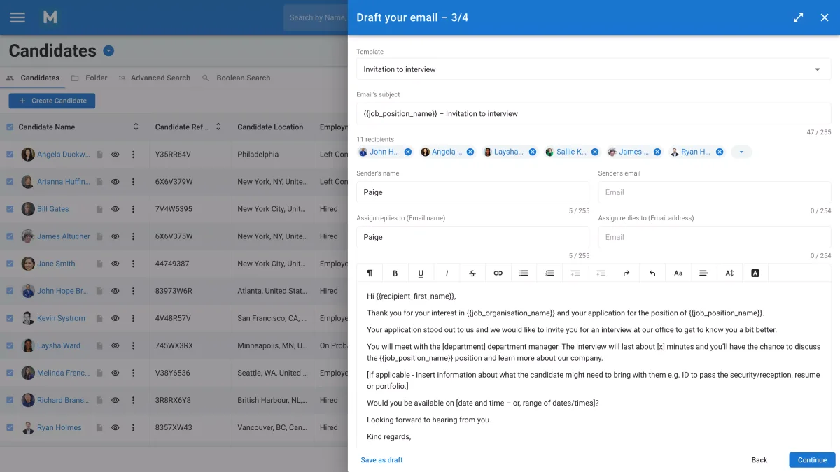 Manatal workspace UI showing email drafting for interview invitations with dynamic template fields