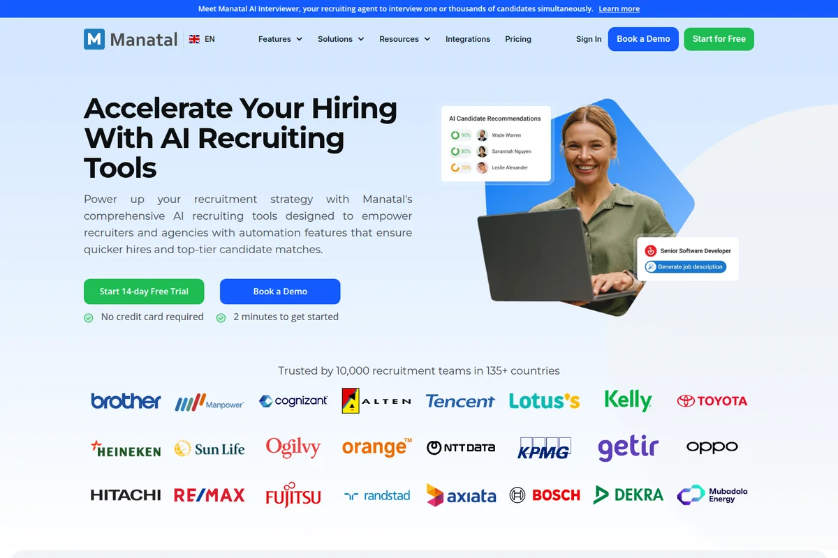 Manatal landing hero showcasing AI recruiting tools with candidate recommendations and job description generation on a modern interface.