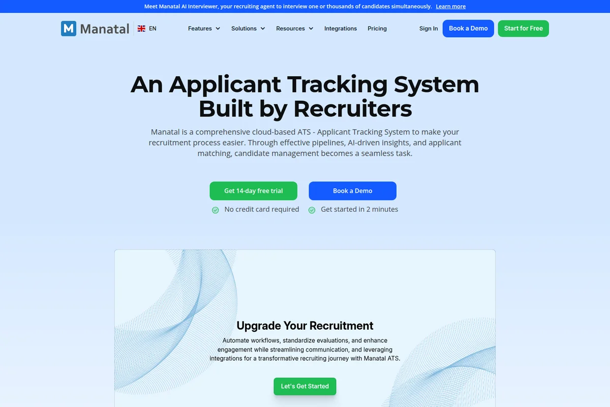 Manatal Applicant Tracking System landing page introducing its cloud-based features with a clean, modern interface and clear calls-to-action.