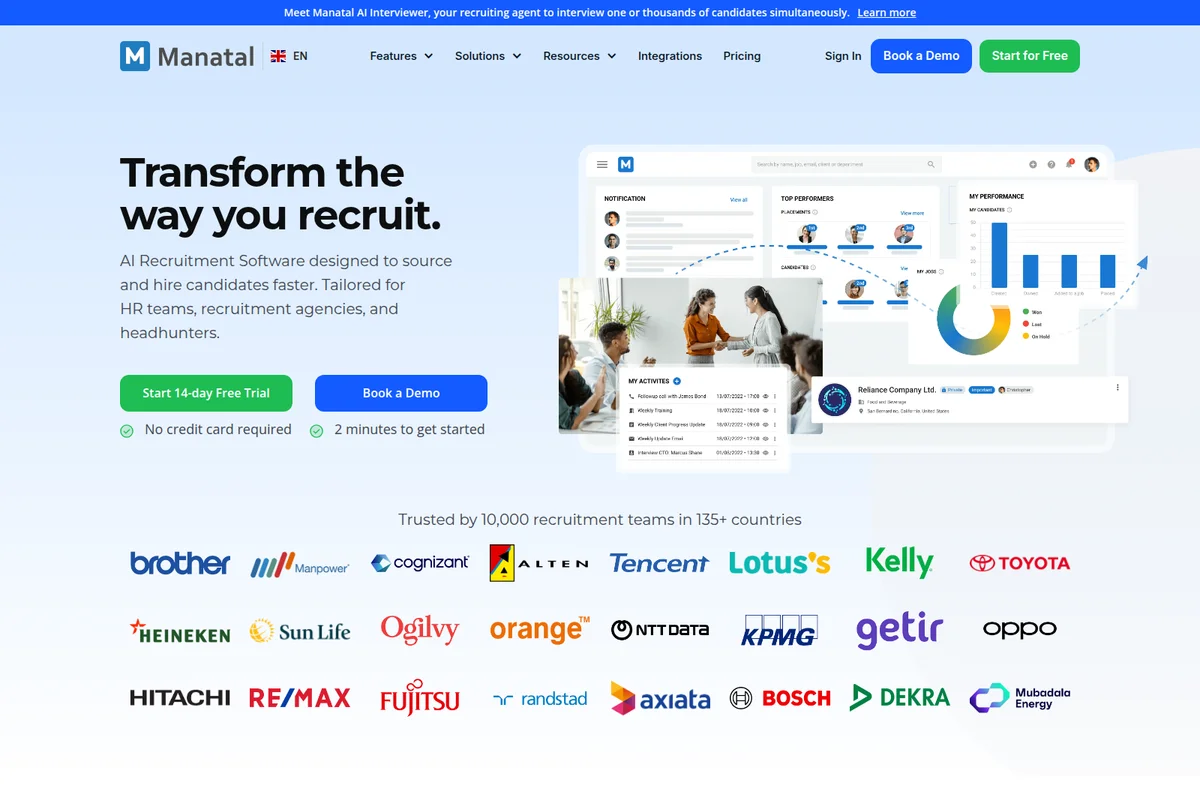 Manatal recruitment platform homepage displaying AI candidate tracking, performance analytics, and activity logs with a clean, modern UI.