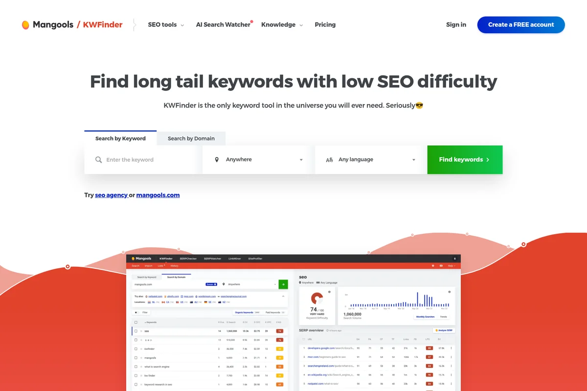 KWFinder feature deep-dive showing keyword research results with a clean data-rich interface.