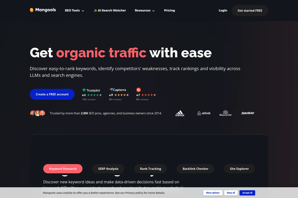 Mangools homepage hero section showing the value proposition and core SEO tools with a modern dark-mode interface.