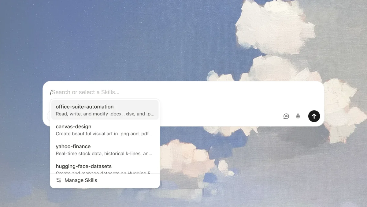 manus-ai workspace UI showing skill selection with options for office automation and canvas design, against a soft cloudy background.