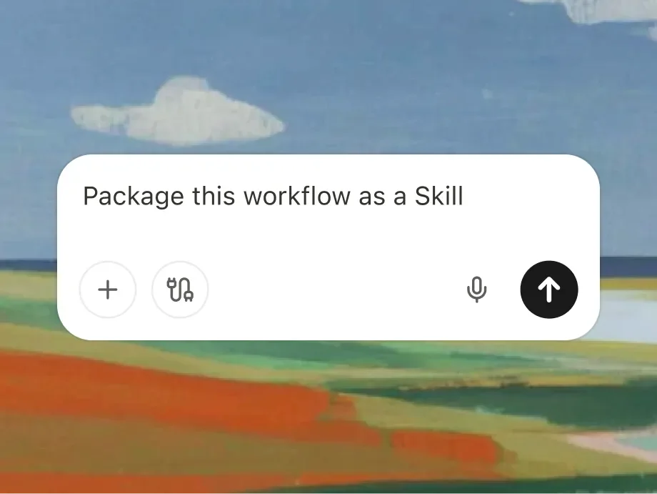 manus-ai workspace showing an AI prompt to package a workflow as a skill, with a clean light-mode interface.