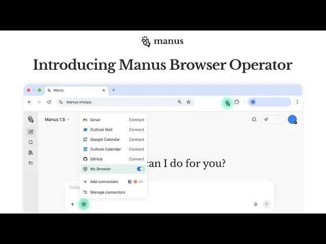 Manus browser operator feature showing integration panel with Gmail, Outlook, Google Calendar, and 'My Browser' toggle enabled in a clean web UI.