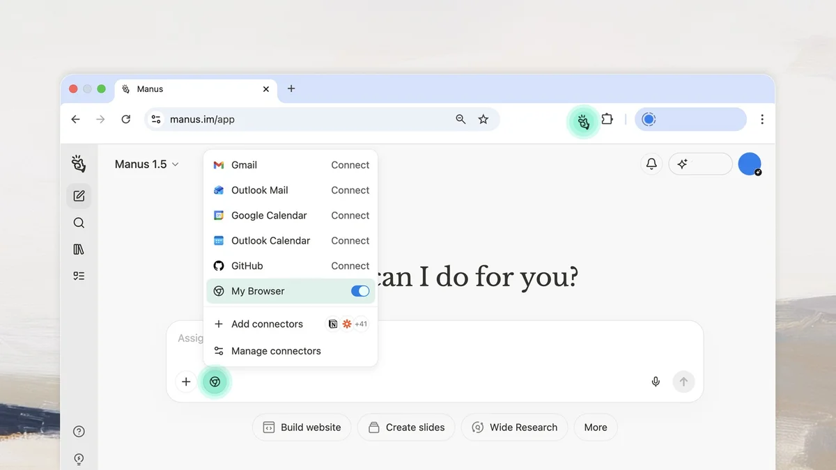 Manus AI workspace showing an active integration panel with Gmail, Outlook, GitHub, and 'My Browser' toggle in a clean light theme.