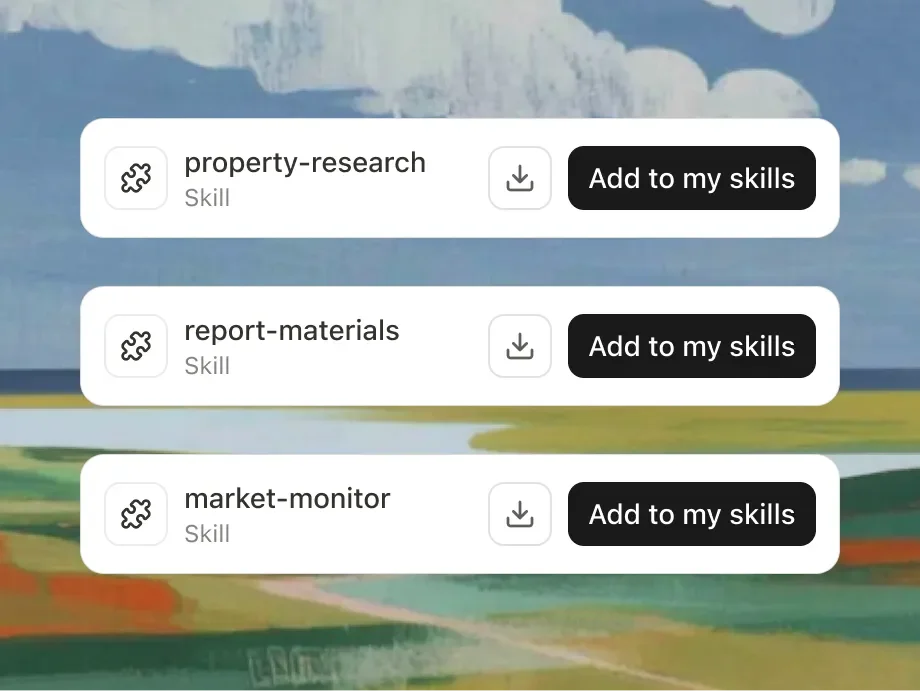 manus-ai skill management interface showing three skill cards: property-research, report-materials, and market-monitor, ready to be added to user's profile.