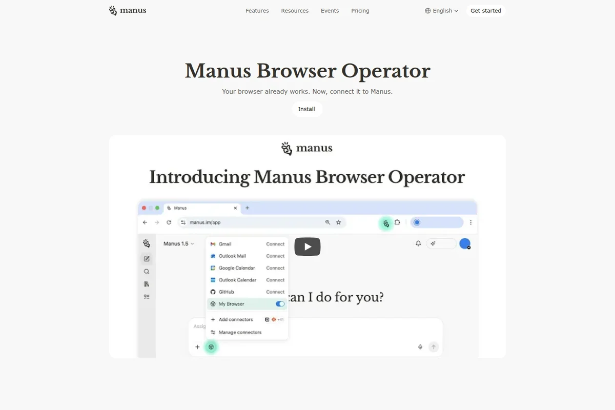 Manus Browser Operator feature-deep-dive showing browser extension dropdown connecting services like Gmail and GitHub in a clean light interface.