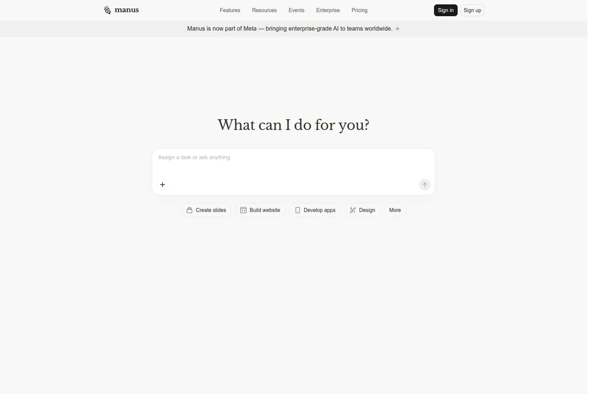 Manus AI workspace showing the task assignment input with a clean, minimalist light-theme interface.