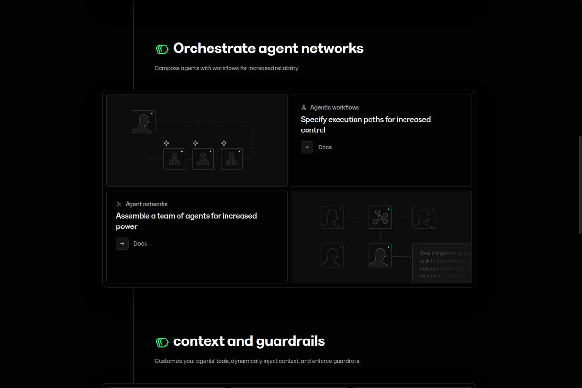 Mastra features page showing agent networks and workflows with dark-mode diagrams illustrating execution paths and agent roles.