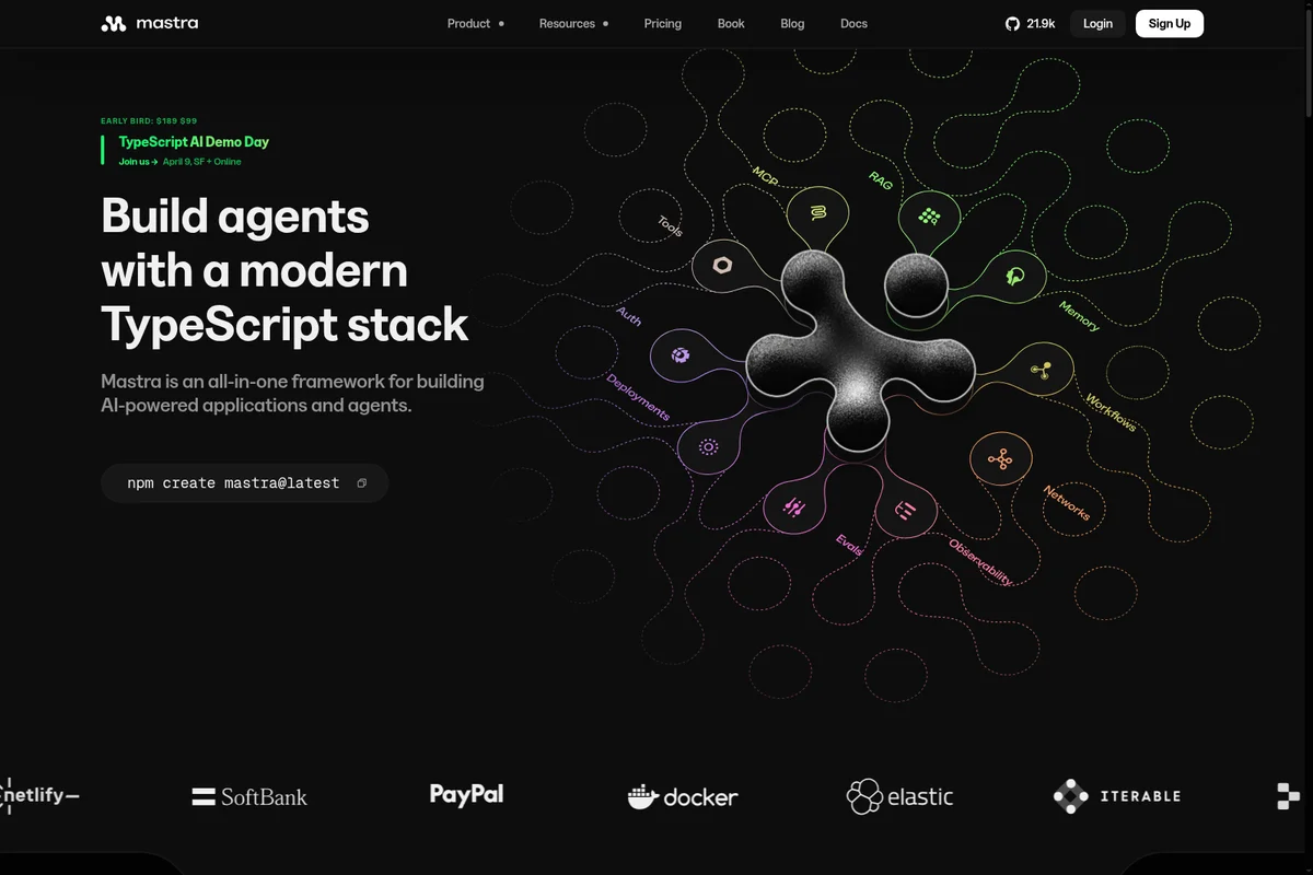 Mastra homepage hero section promoting a TypeScript AI Demo Day and illustrating its framework components with a dark-mode modern design.