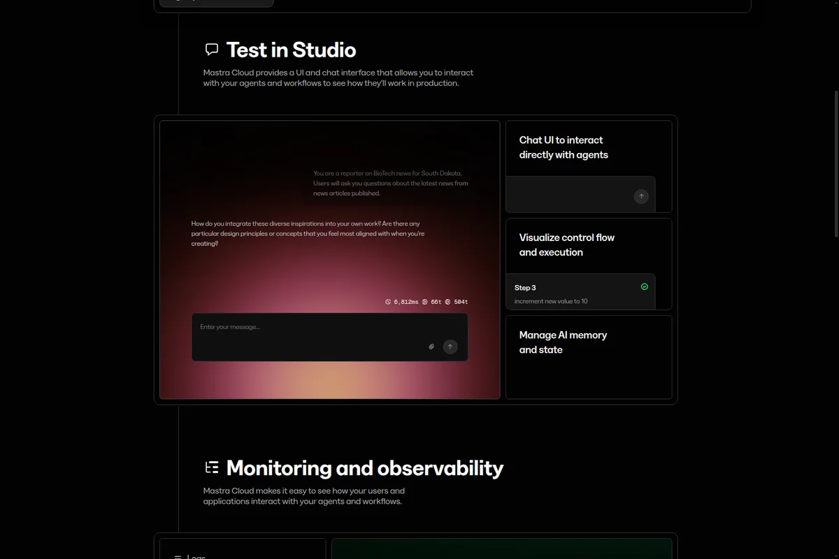 Mastra Cloud agent testing workspace showing interactive chat UI and workflow visualization in a dark-mode modern interface.