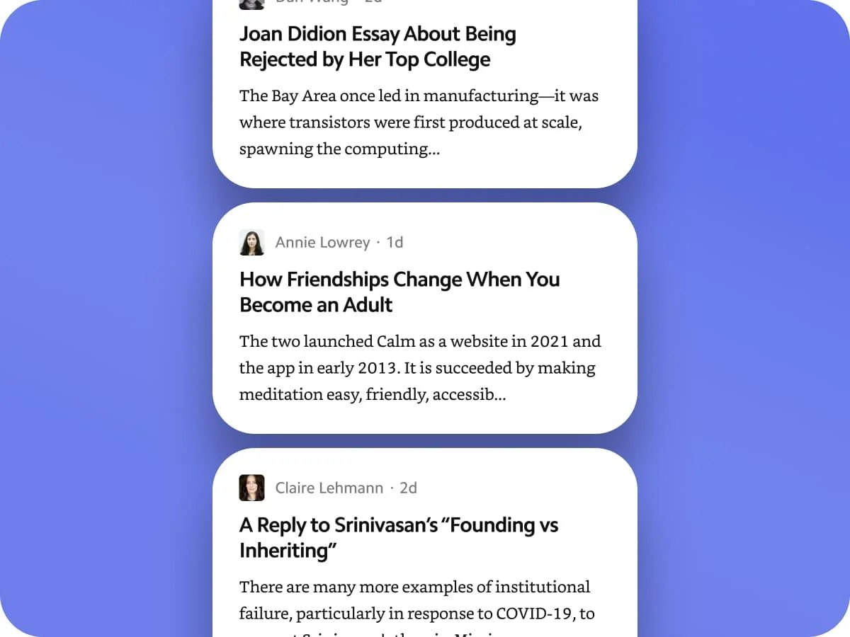 matter content gallery displaying curated articles with author profiles in a clean card layout on a vibrant purple background.