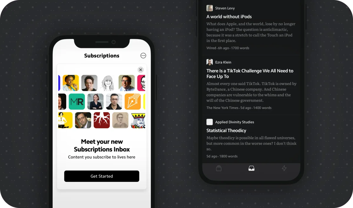 Matter mobile app displaying a new Subscriptions Inbox with creator avatars and a dark-mode content reading feed.