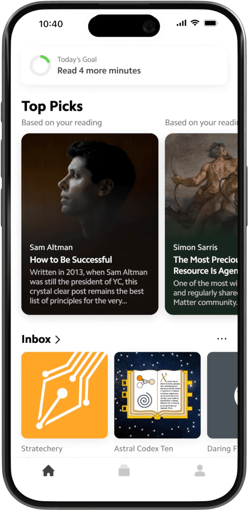 Matter mobile app UI displaying personalized reading goals, curated article picks, and inbox content with a clean, modern light interface.