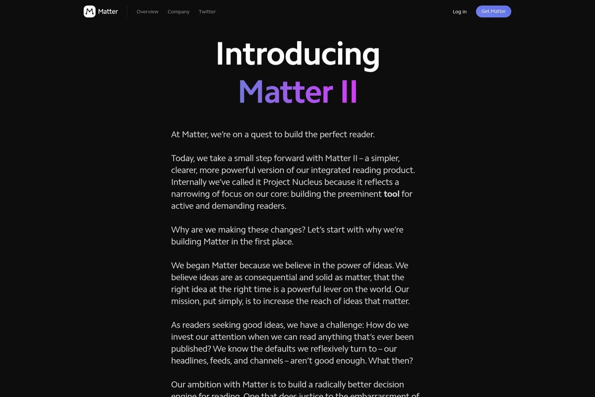 Matter landing page introducing Matter II, a new integrated reading product, with a dark-mode interface and gradient title.