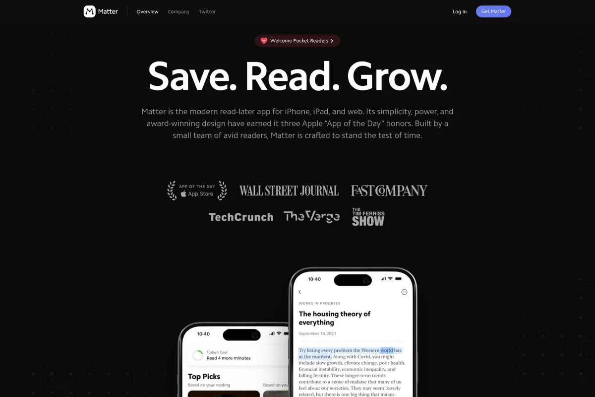 Matter homepage hero showing its read-later app with iPhone UI mockups and press mentions on a dark background.
