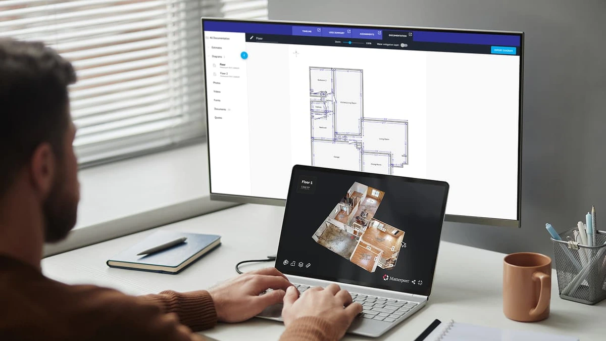 Matterport workspace UI showing a 2D floor plan editor on a large monitor and a 3D virtual tour model on a laptop with a clean, mixed-theme interface.