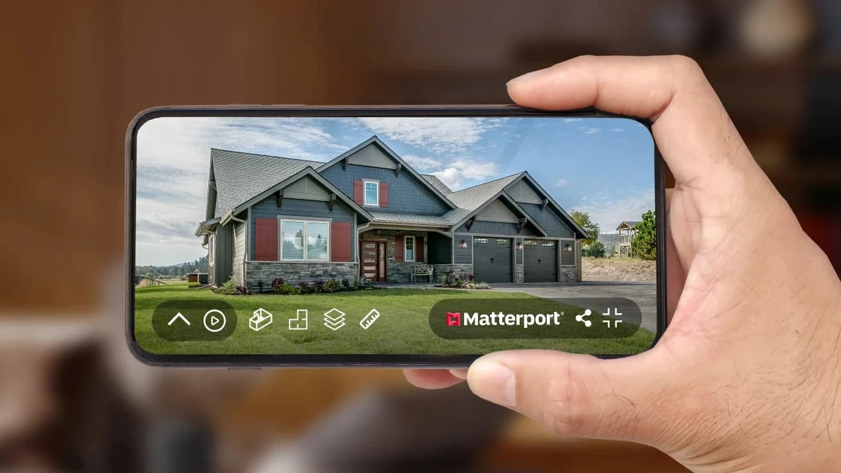 Matterport mobile viewer displaying an interactive 3D tour of a modern house with UI controls.