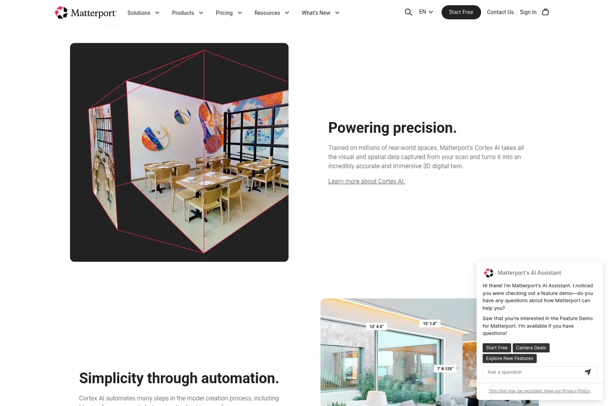 Matterport AI feature demo showing Cortex AI creating a 3D digital twin of a restaurant interior with a wireframe overlay.