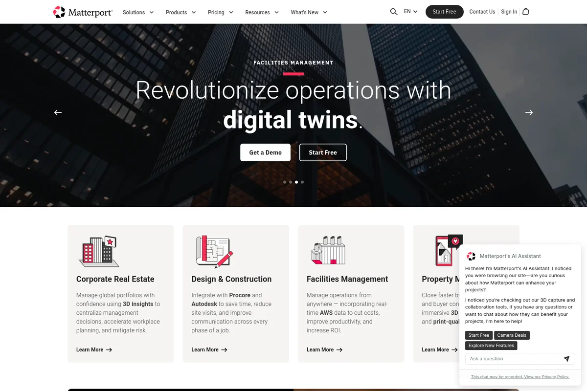 Matterport homepage promoting digital twin technology for facilities management with a modern dark-themed hero and city skyline.