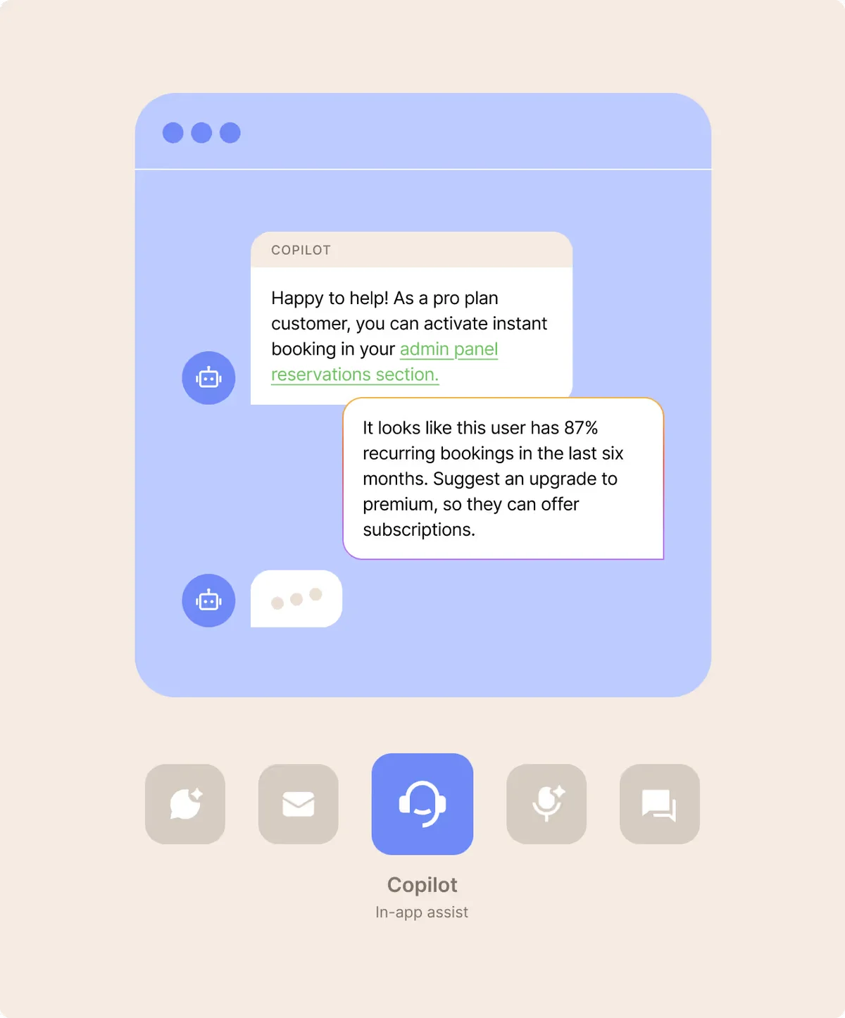 Maven AGI Copilot showing AI-powered customer suggestions and feature activation links within a clean light-themed chat interface.