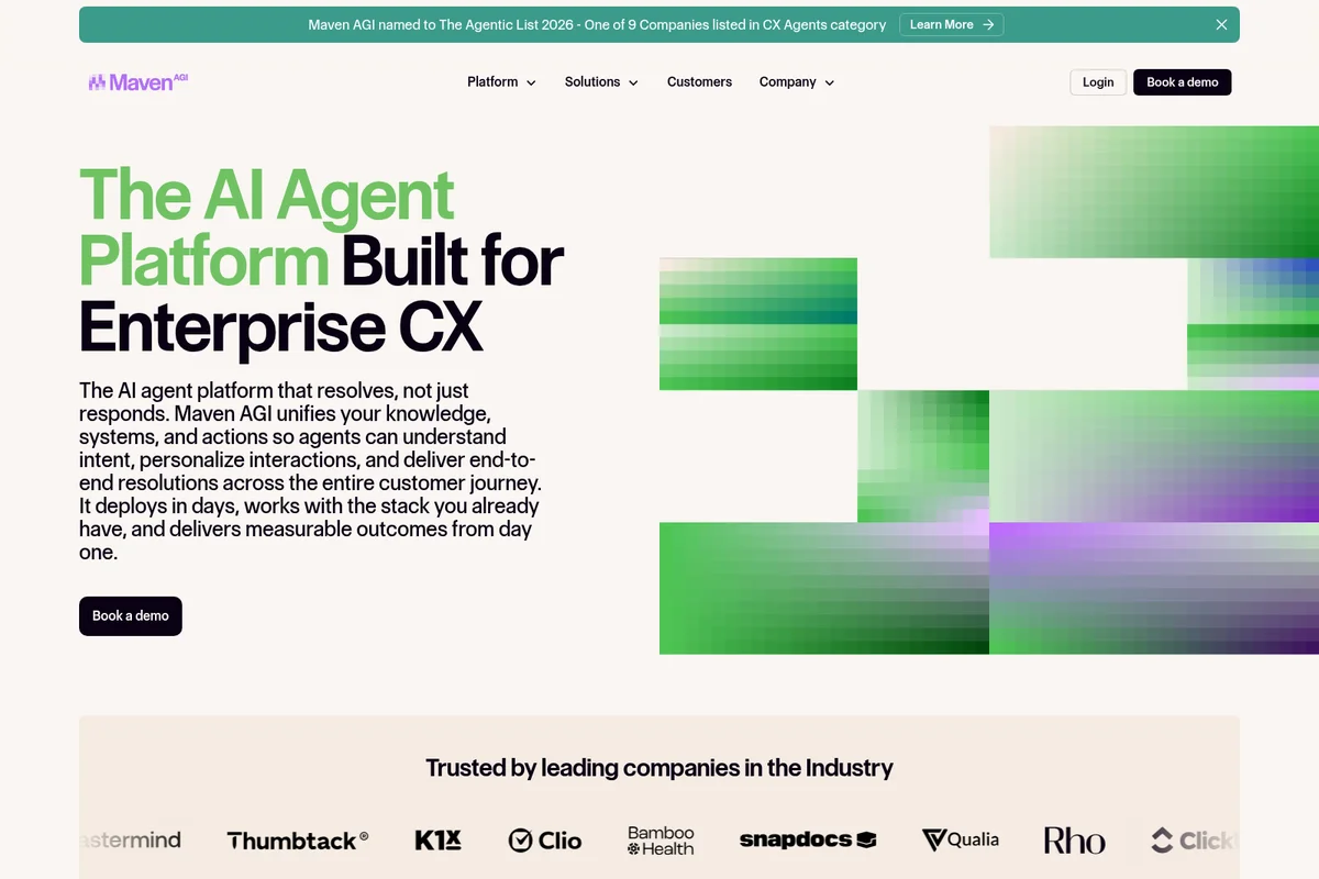 Maven AGI homepage hero promoting its Enterprise CX AI Agent Platform with bold typography and abstract pixelated graphics.