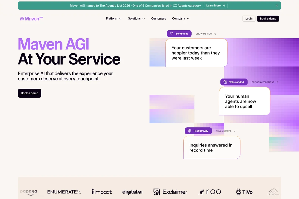 Maven AGI homepage showcasing AI-powered customer experience benefits with a modern design and chat-bubble style insights.