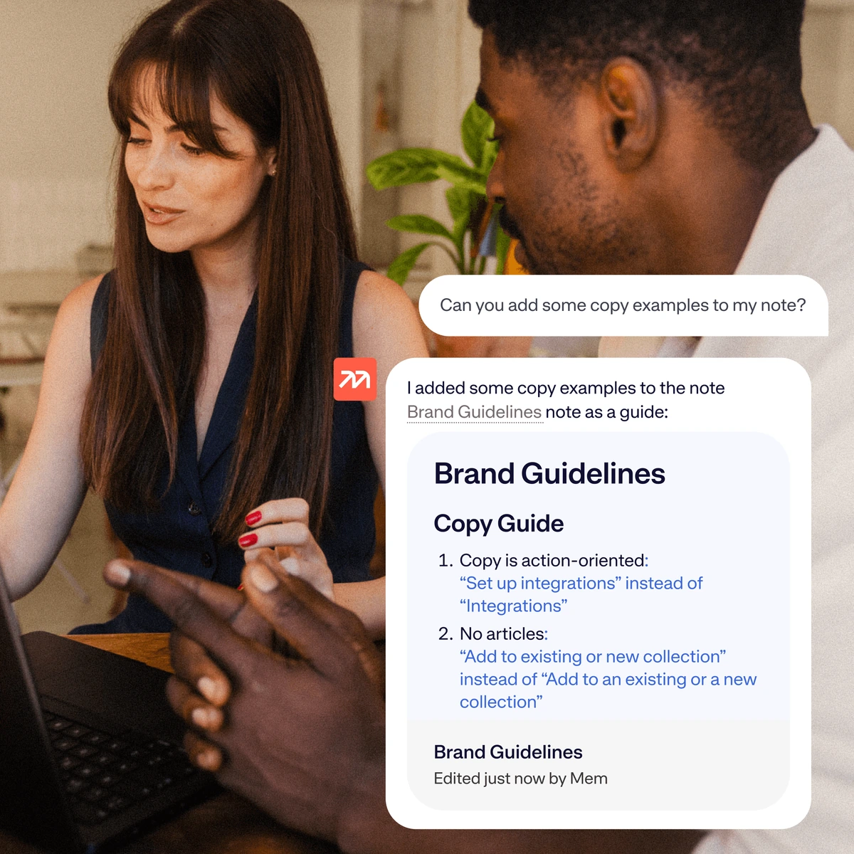 Mem workspace showing an AI assistant adding brand-aligned copy examples to a note with a clean, modern interface.