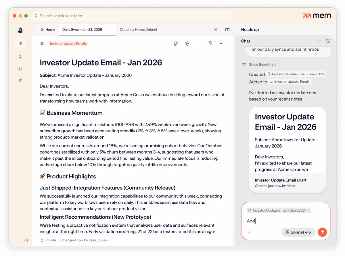 Mem AI workspace showing the drafting of an investor update email with AI assistance in a clean, modern interface.