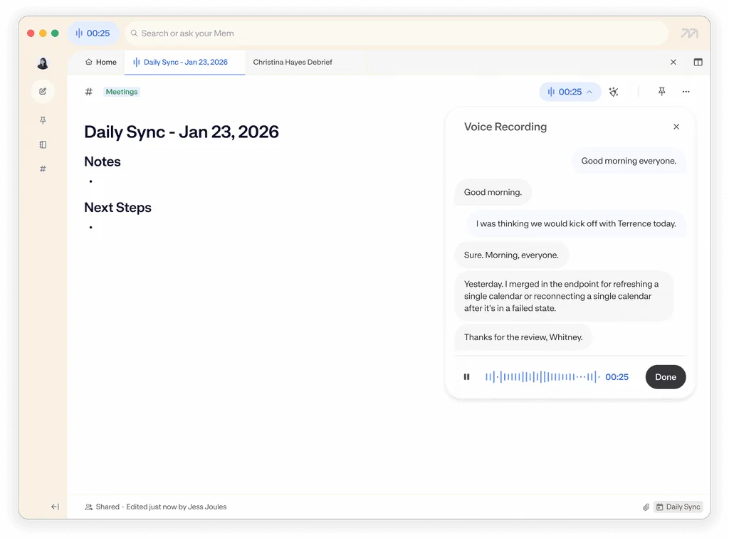 Mem workspace UI showing daily sync meeting notes with integrated voice recording and real-time transcription.