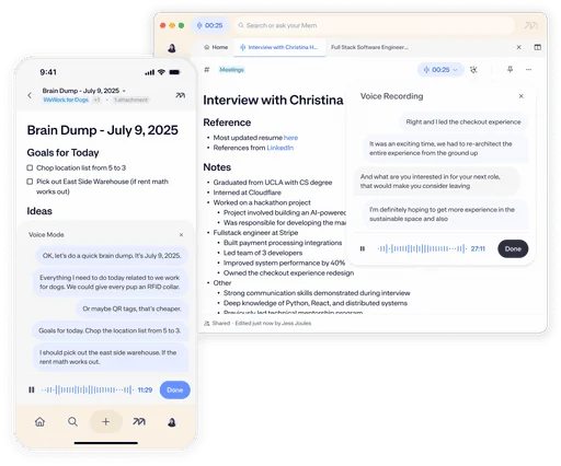 mem workspace showing voice recording transcription, organized notes, and tasks on clean mobile and desktop application interfaces.