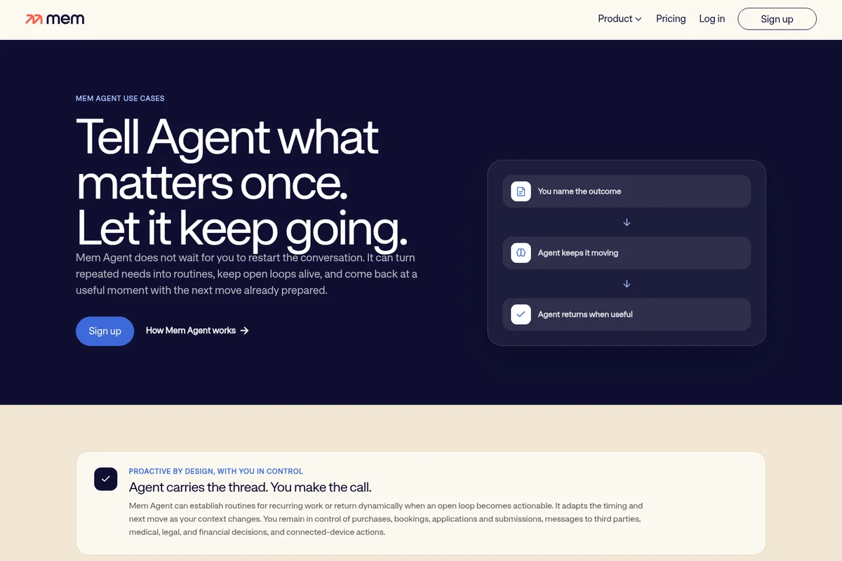Mem agent use cases page demonstrating the Mem Agent workflow with a dark-themed, minimalist interface and illustrative flow cards.