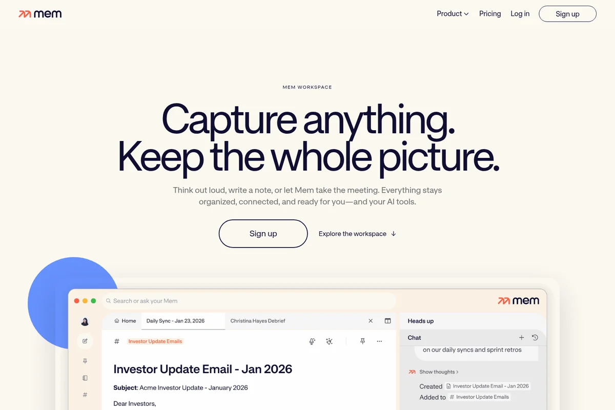 mem landing page hero showcasing its workspace with an investor update email document in a clean, modern interface.